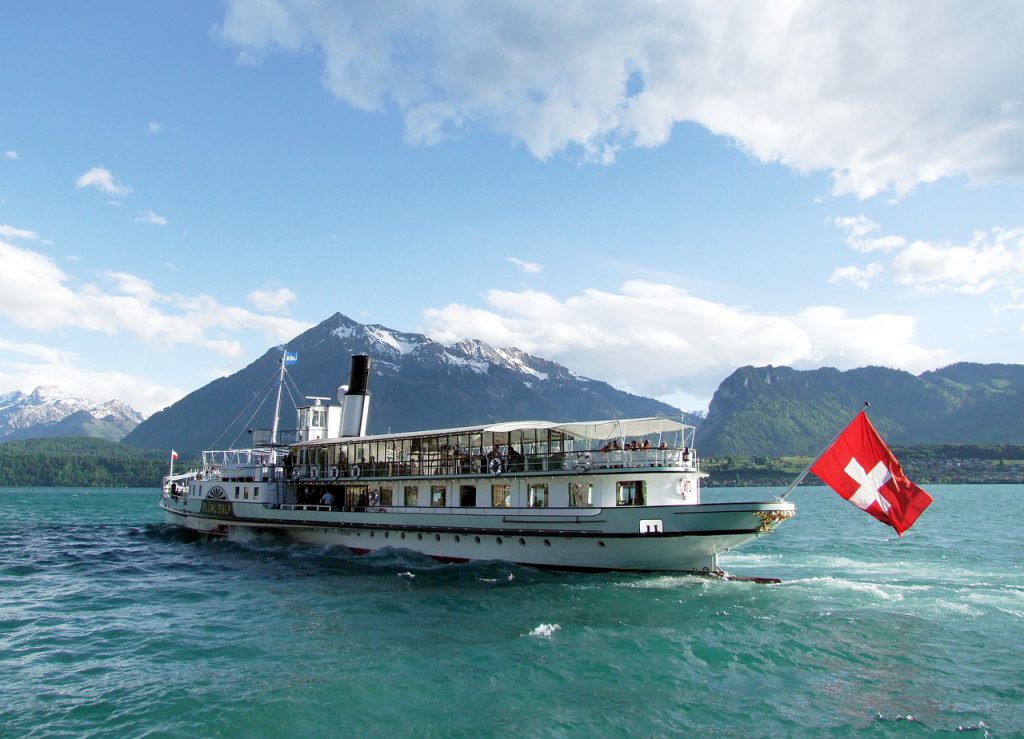 ship, lake, mountains